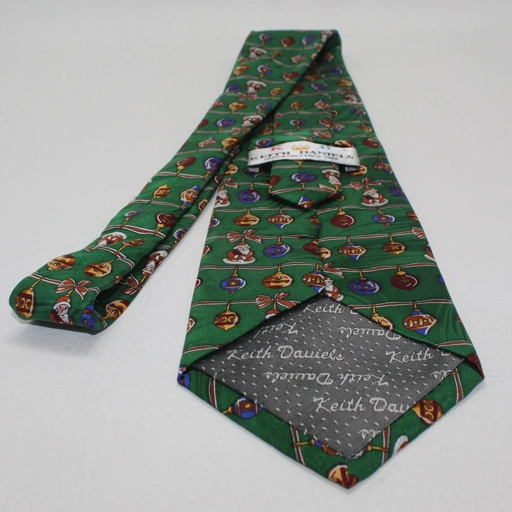 Keith Daniels Mens Green Silk Christmas Tie Santa Ornament Novelty 16254 GR